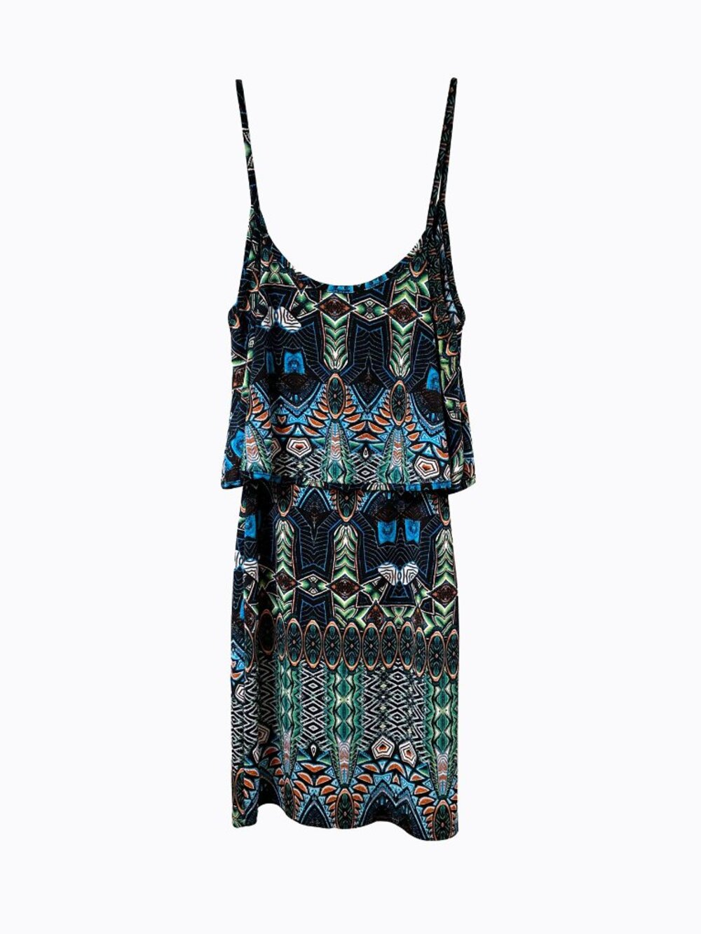 Tiered Popover Mini Dress S Black Abstract Print Y2K Boho Chic Euro Summer Y2K